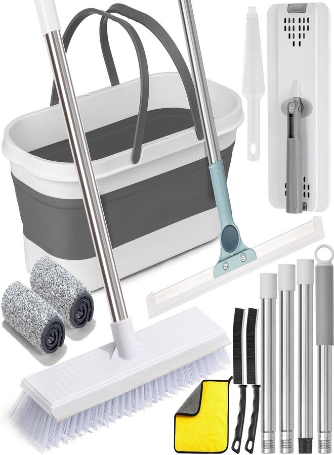 AUTODECO Flat Mop and Bucket Set with Floor Squeegee, Heavy Duty Scrub Brush, 2 Washable Reusable Microfiber Pads, for Tile Hardwood, Wall Cleaning, Home Indoor or Outdoor Cleaning (White-Gray) - Image 1