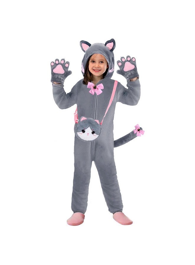 Gifts2U Halloween Cat Costume For Girls, Kids Onesie Costume With Pink Cat Ears, Cat Tail, Paws, Bow Ties And Purse Bag, Gifts For Halloween, Birthday Or Any Costume Occasion（5-6Years  - Image 1