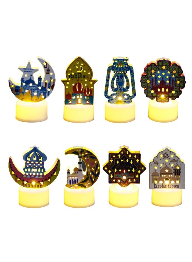 تشيلور ٨ قطع من فوانيس رمضان الصغيرة، مصابيح LED ليلية بطابع النجوم والقمر، مثالية لسطح المكتب أو الشرفة أو الفناء أو المنزل أو طاولة أو مستلزمات حفلات العيد للاستخدام الداخلي والخارجي. - Image 1