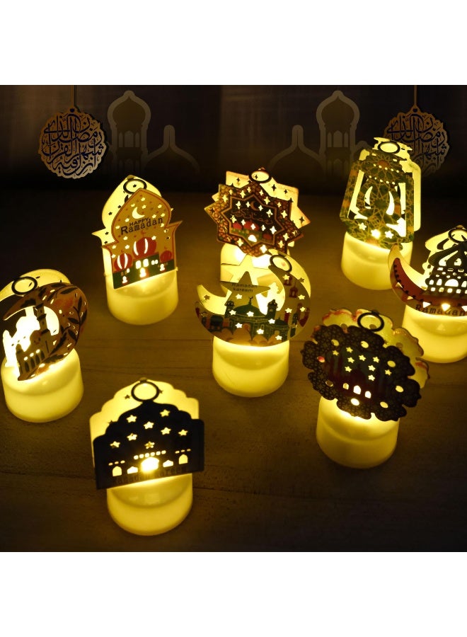 تشيلور ٨ قطع من فوانيس رمضان الصغيرة، مصابيح LED ليلية بطابع النجوم والقمر، مثالية لسطح المكتب أو الشرفة أو الفناء أو المنزل أو طاولة أو مستلزمات حفلات العيد للاستخدام الداخلي والخارجي. - Image 3