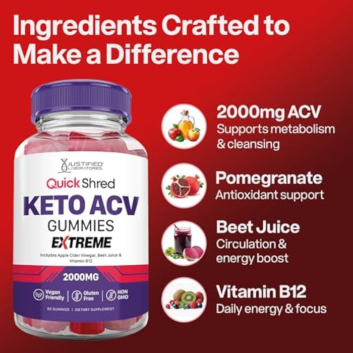 Justified Laboratories Quick Shred Keto ACV Gummies Extreme Advanced Formula 2000MG Apple Cider Vinegar Gummies with Pomegranate Beet Juice Powder & B12 Vegan, Non-GMO 60 Gummys - Image 3