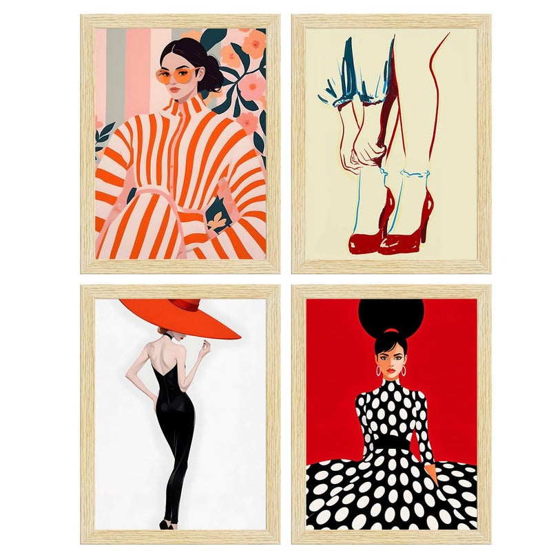 ArtX Paper Women Fashion Art Paintings with Frames for Wall Decor Painting For Wall Decoration Multicolor Wall Decoration Items For Living Room Set of 4