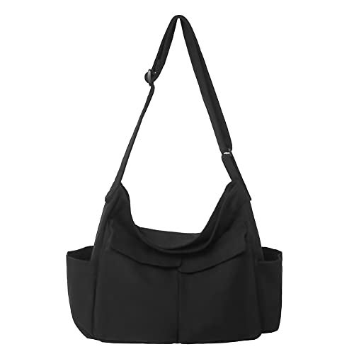 PRAGARI Canvas Messenger Bag Crossbody for Women Black Shoulder Aesthetic Laptop Tote Bag Hobo Large Cute School Travel Vintage Multiple Pockets - Image 1