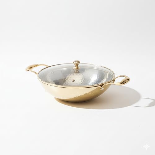 P-TAL Brass Kadhai 1.5L with Insulated Heat-Resistant Handle and Glass Lid | 100% Pure Brass Tin Coated Kadai for Cooking | Non-Stick and Chemical-Free (Glass Lid 1.5 Litre) - Image 1