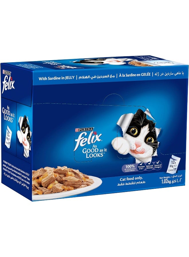 PURINA فيليكس بيورينا كما يبدو جيدًا طعام قطط بالغ مع سردين في جيلي 85 جرام، عبوة من 24 - Image 2