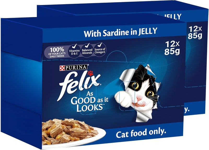 PURINA فيليكس بيورينا كما يبدو جيدًا طعام قطط بالغ مع سردين في جيلي 85 جرام، عبوة من 24 - Image 1