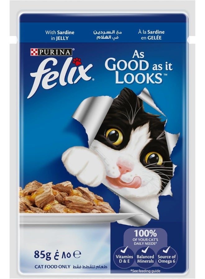 PURINA فيليكس بيورينا كما يبدو جيدًا طعام قطط بالغ مع سردين في جيلي 85 جرام، عبوة من 24 - Image 5
