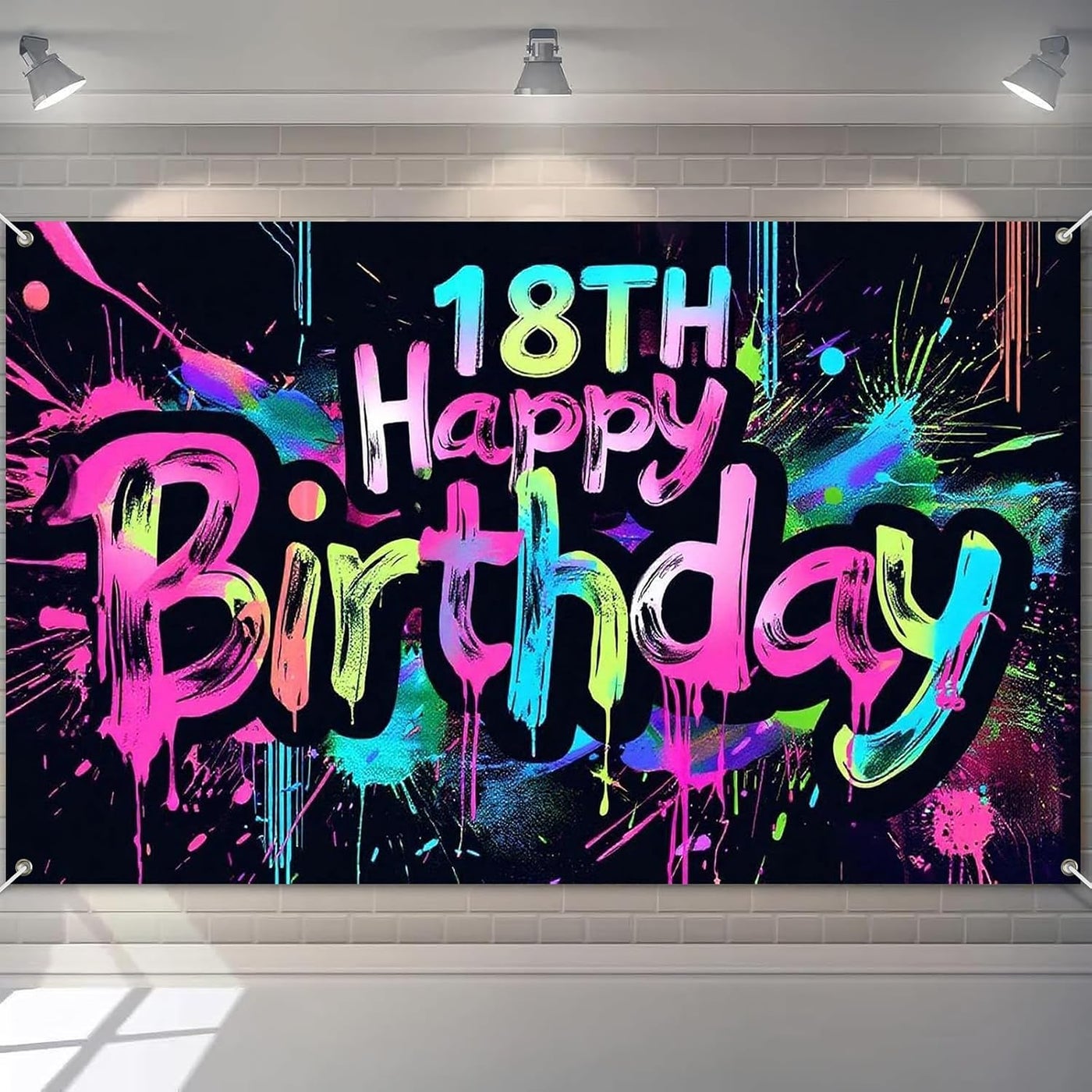 ARS Graphics ARS Graphics Neon 18th Happy Birthday Banner - Glow In The Dark Party Backdrop For Eighteenth