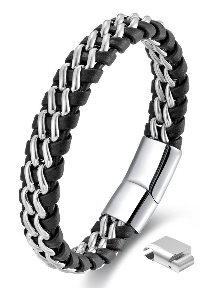 Elegant Black Leather Bracelet with Silver-Tone Stainless Steel for Men | Magnetic Closure, Perfect for All Occasions  - Image 1