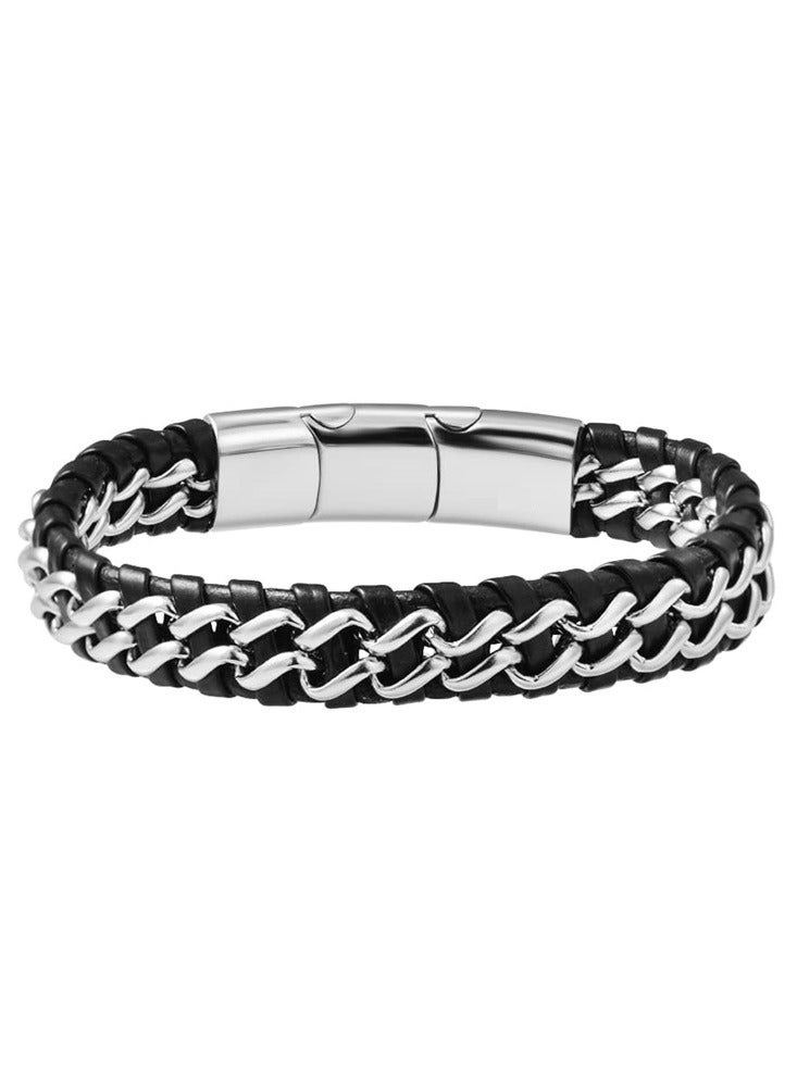 Elegant Black Leather Bracelet with Silver-Tone Stainless Steel for Men | Magnetic Closure, Perfect for All Occasions  - Image 2