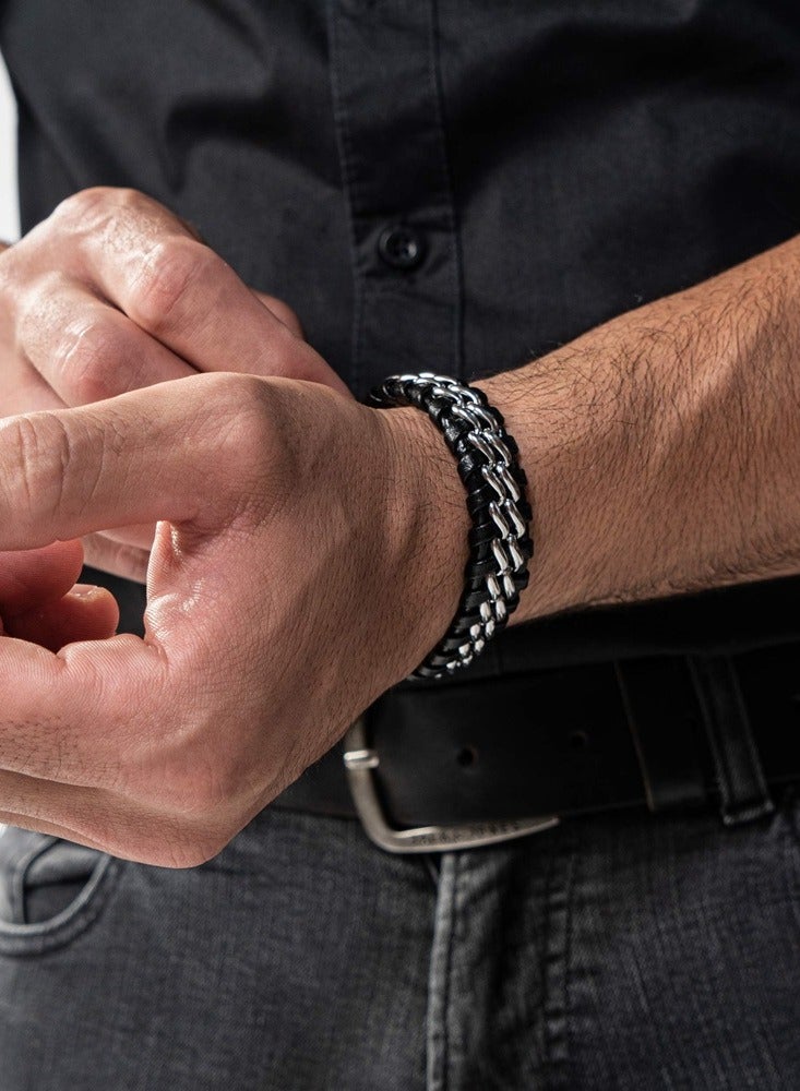 Elegant Black Leather Bracelet with Silver-Tone Stainless Steel for Men | Magnetic Closure, Perfect for All Occasions  - Image 4