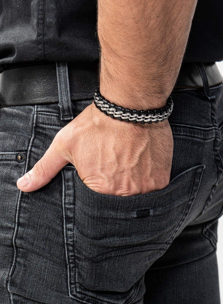 Elegant Black Leather Bracelet with Silver-Tone Stainless Steel for Men | Magnetic Closure, Perfect for All Occasions  - Image 5