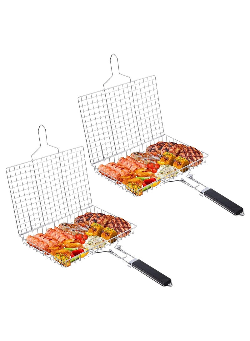 SYOSI Grill Basket for Outdoor, 2 Pcs BBQ Grill Basket Fish Grilling Basket, with Handle Stainless Steel Portable Grill Rack, Dishwasher Safe, for Vegetables Shrimp Steak Cooking, for Variety of Grills - Image 1