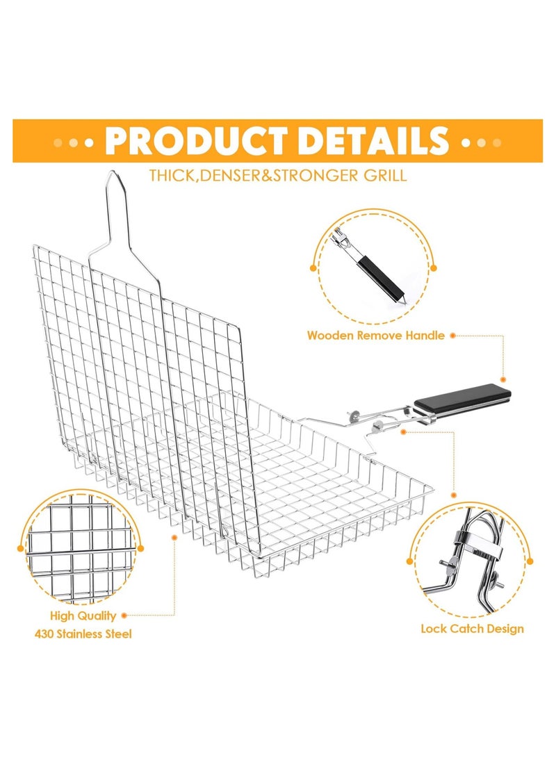 SYOSI Grill Basket for Outdoor, 2 Pcs BBQ Grill Basket Fish Grilling Basket, with Handle Stainless Steel Portable Grill Rack, Dishwasher Safe, for Vegetables Shrimp Steak Cooking, for Variety of Grills - Image 3