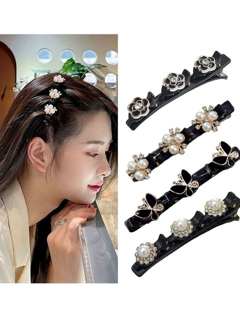 Satin Fabric Hair Clips - Braided Hair Clips for Women, Sparkling Crystal Stone Braided Hair Clips, Clover Rhinestone Hair Clip, Rhinestones Butterfly Duckbill Hairpin for Styling (C - 4pcs)