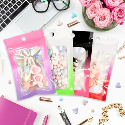 FUNFERY 100 Pack Mylar Holographic Bags,Clear Window Foil Bag Seal Pouch Resealable Baggie with Zipper,Packaging Bag for Food Storage,Lash,Jewelry,Business Supplies (Black Pink, 3x4.7 Inch) - Image 3