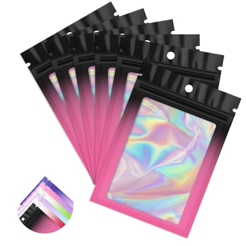 FUNFERY 100 Pack Mylar Holographic Bags,Clear Window Foil Bag Seal Pouch Resealable Baggie with Zipper,Packaging Bag for Food Storage,Lash,Jewelry,Business Supplies (Black Pink, 3x4.7 Inch) - Image 1