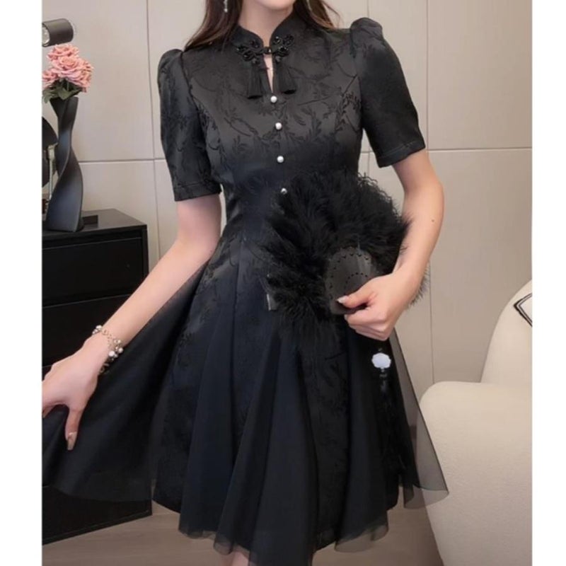 2023 Summer Chinese Style Qipao Dress Set for Women Black short  - Image 1