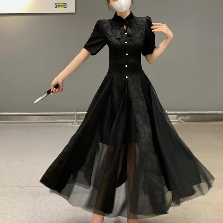 2023 Summer Chinese Style Qipao Dress Set for Women Black short  - Image 3