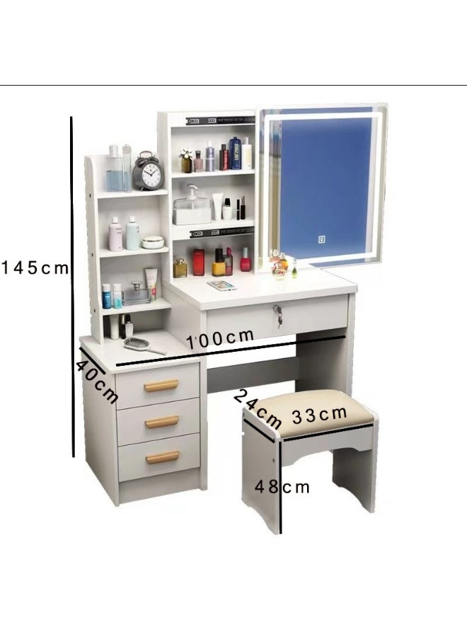 CityRiya-Long Vanity Desk, Dressing Table Set, White Makeup Table with Chair, Makeup Vanity Desk with LED Mirror, Large Dresser Desk with Storage Drawer and Stool, Vanity Table for Bedroom (100*40*145 cm) - Image 2