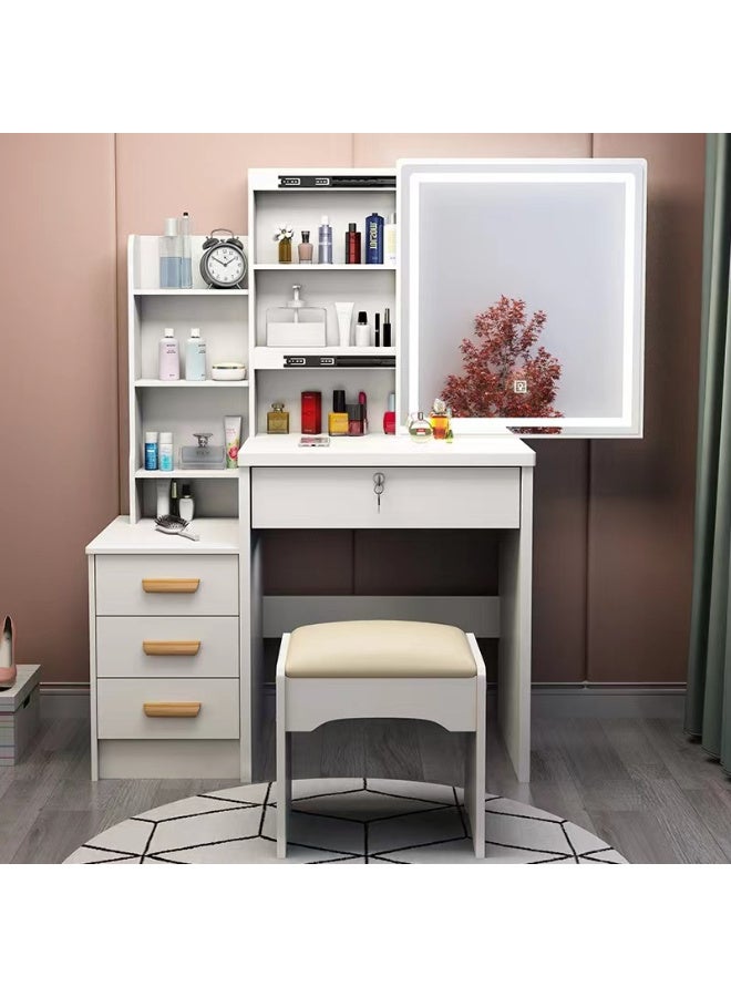 CityRiya-Long Vanity Desk, Dressing Table Set, White Makeup Table with Chair, Makeup Vanity Desk with LED Mirror, Large Dresser Desk with Storage Drawer and Stool, Vanity Table for Bedroom (100*40*145 cm) - Image 3