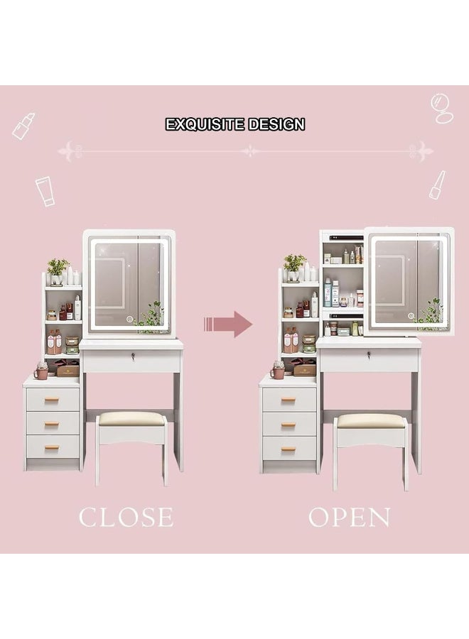 CityRiya-Long Vanity Desk, Dressing Table Set, White Makeup Table with Chair, Makeup Vanity Desk with LED Mirror, Large Dresser Desk with Storage Drawer and Stool, Vanity Table for Bedroom (100*40*145 cm) - Image 5