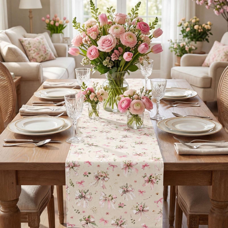 Mindsoft 13" x 72" Inch Pink Bow Floral Table Runner Pink Bow Flower Table Decor Flower Cloth Runner Coquette Dining Decoration for Wedding Birthday Party Holiday Valentine Home Bridal Decor - Image 3