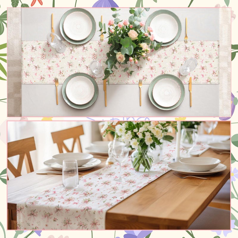 Mindsoft 13" x 72" Inch Pink Bow Floral Table Runner Pink Bow Flower Table Decor Flower Cloth Runner Coquette Dining Decoration for Wedding Birthday Party Holiday Valentine Home Bridal Decor - Image 4