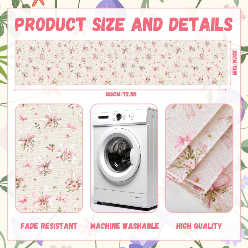 Mindsoft 13" x 72" Inch Pink Bow Floral Table Runner Pink Bow Flower Table Decor Flower Cloth Runner Coquette Dining Decoration for Wedding Birthday Party Holiday Valentine Home Bridal Decor - Image 2