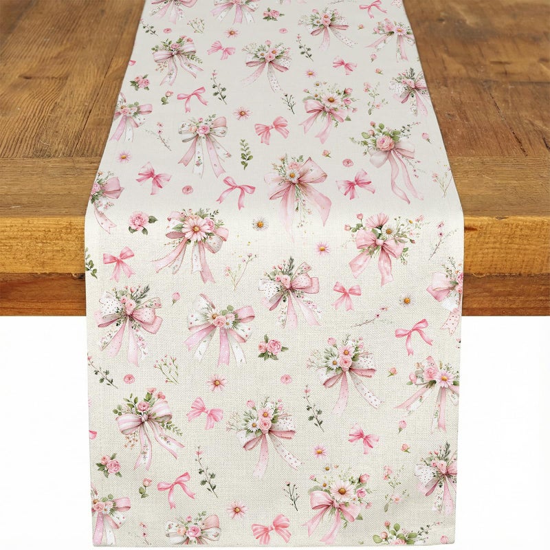 Mindsoft 13" x 72" Inch Pink Bow Floral Table Runner Pink Bow Flower Table Decor Flower Cloth Runner Coquette Dining Decoration for Wedding Birthday Party Holiday Valentine Home Bridal Decor - Image 1
