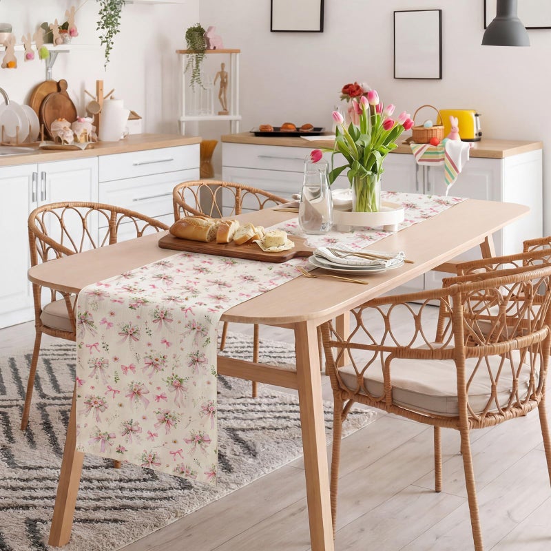 Mindsoft 13" x 72" Inch Pink Bow Floral Table Runner Pink Bow Flower Table Decor Flower Cloth Runner Coquette Dining Decoration for Wedding Birthday Party Holiday Valentine Home Bridal Decor - Image 5