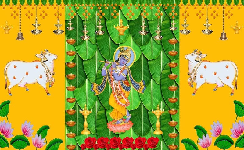 DHARA CREATION Dhara Cow with Lord Krishna Backdrop Cloth for Pooja 8ft x 5ft Ideal for Religious Ceremonies Functions and Cultural Events Washable Fabric - Image 1