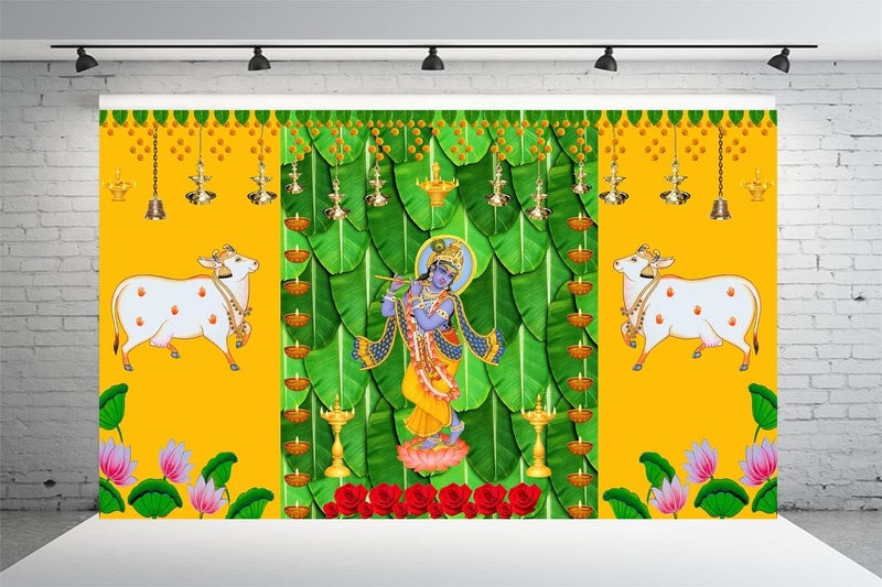 DHARA CREATION Dhara Cow with Lord Krishna Backdrop Cloth for Pooja 8ft x 5ft Ideal for Religious Ceremonies Functions and Cultural Events Washable Fabric - Image 3