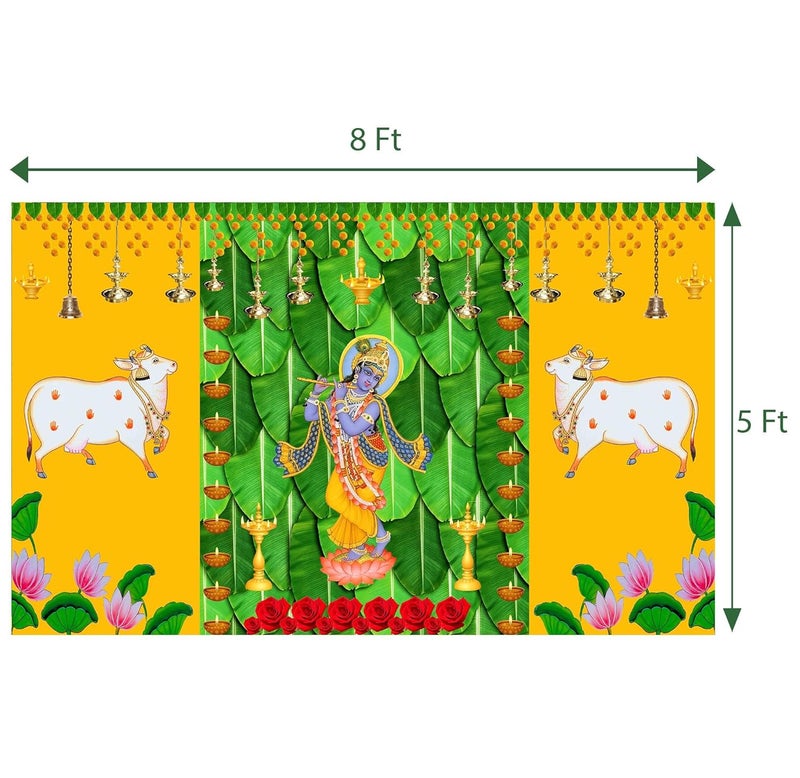 DHARA CREATION Dhara Cow with Lord Krishna Backdrop Cloth for Pooja 8ft x 5ft Ideal for Religious Ceremonies Functions and Cultural Events Washable Fabric - Image 2
