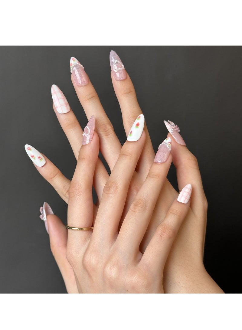 جوسكوين أظافر اصطناعية، أظافر مزيفة 10 قطع، أظافر مصنوعة يدويًا بالكامل مع مجموعة صمغ، نمط مربعات وردية مع طرف لوزي بتصميم فراشة ثلاثية الأبعاد، أظافر مزيفة مصنوعة يدويًا بدقة، قابلة لإعادة الاستخدام للنساء. - Image 2