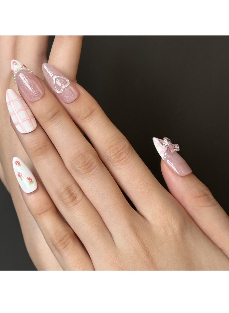جوسكوين أظافر اصطناعية، أظافر مزيفة 10 قطع، أظافر مصنوعة يدويًا بالكامل مع مجموعة صمغ، نمط مربعات وردية مع طرف لوزي بتصميم فراشة ثلاثية الأبعاد، أظافر مزيفة مصنوعة يدويًا بدقة، قابلة لإعادة الاستخدام للنساء. - Image 1