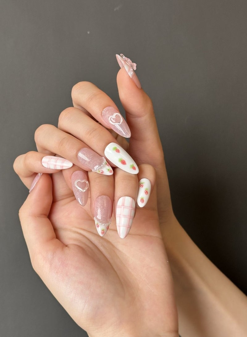 جوسكوين أظافر اصطناعية، أظافر مزيفة 10 قطع، أظافر مصنوعة يدويًا بالكامل مع مجموعة صمغ، نمط مربعات وردية مع طرف لوزي بتصميم فراشة ثلاثية الأبعاد، أظافر مزيفة مصنوعة يدويًا بدقة، قابلة لإعادة الاستخدام للنساء. - Image 3