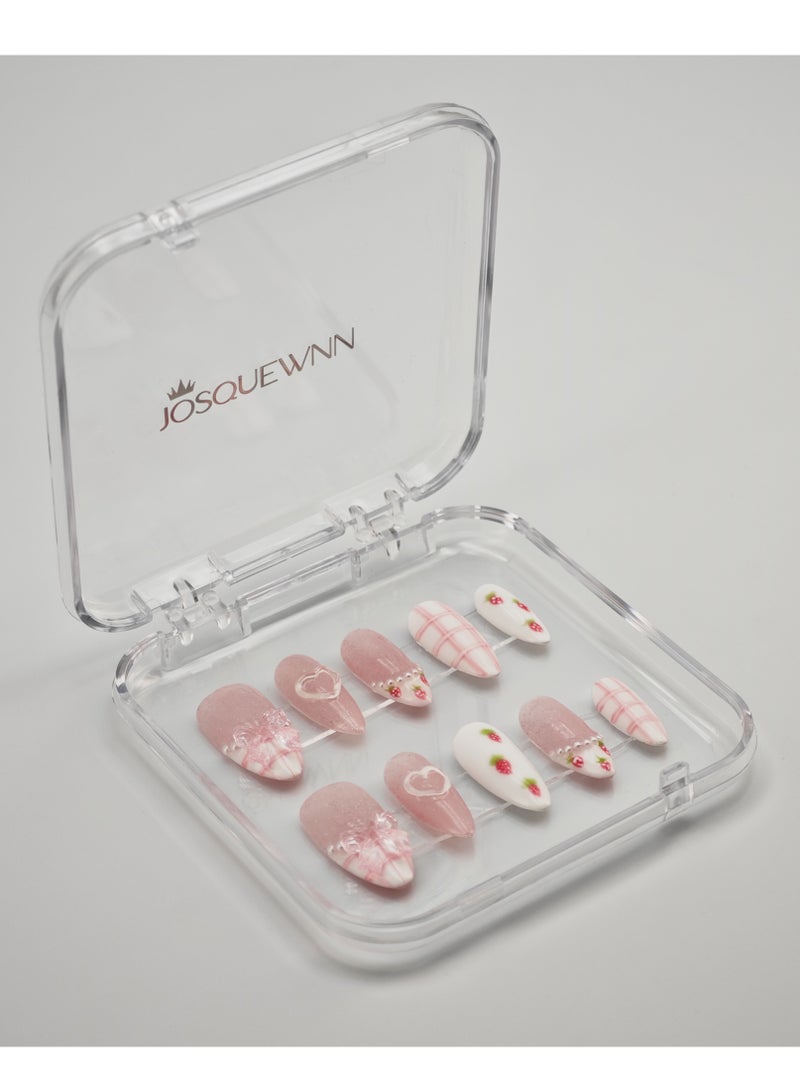 جوسكوين أظافر اصطناعية، أظافر مزيفة 10 قطع، أظافر مصنوعة يدويًا بالكامل مع مجموعة صمغ، نمط مربعات وردية مع طرف لوزي بتصميم فراشة ثلاثية الأبعاد، أظافر مزيفة مصنوعة يدويًا بدقة، قابلة لإعادة الاستخدام للنساء. - Image 5
