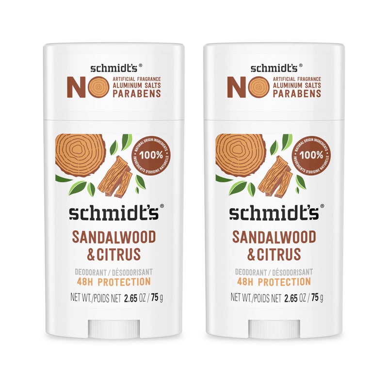 Schmidt's Aluminum-Free Vegan Deodorant Sandalwood & Citrus 2 Count for Women and Men, with 24 Hour Odor Protection, Natural Ingredients, Cruelty-Free, 2.65 oz - Image 1