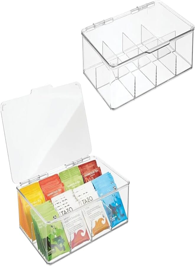 XICEN Clear Tea Bag Organizer，Tea Box Divided Storage Container Box with Hinge Lid for Kitchen Cabinet, Countertop, Pantry, Hold Coffee Pods, Seasoning Packets, Condiments