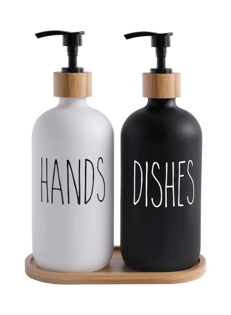 Soap Dispenser Set with bamboo tray, Glass Hand Soap Dispenser and Glass Dish Soap Dispenser, Kitchen Soap Dispenser Set Decor, Refillable Hand Soap and Dish Soap Dispenser for Bathroom and Kitchen, liquid soap glass bottle, Modern Farmhouse Decor - Image 1