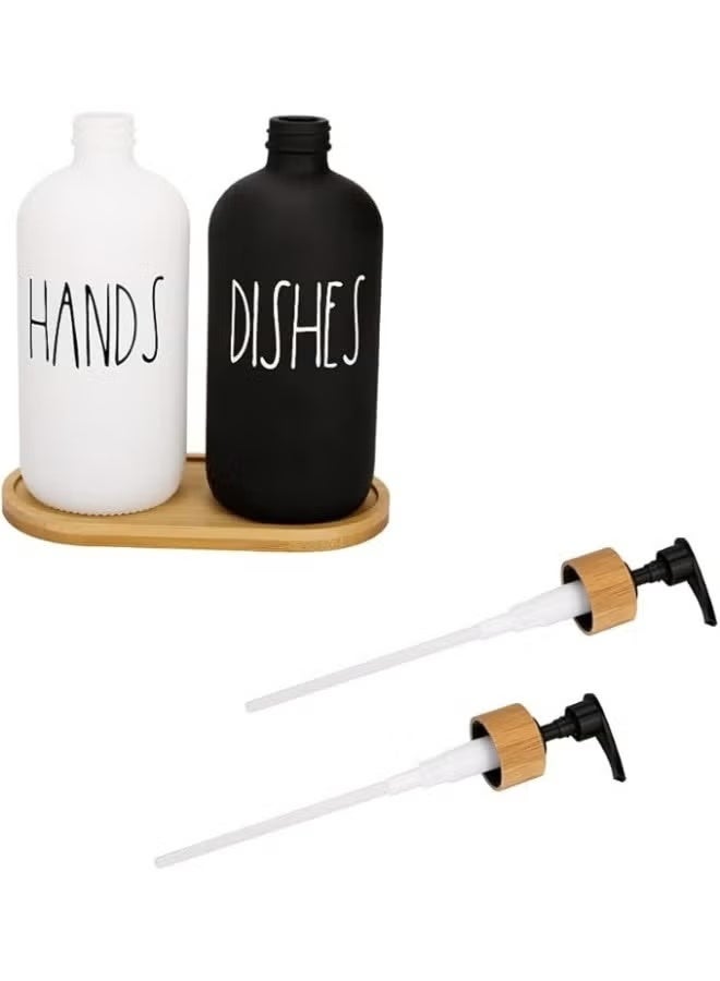 Soap Dispenser Set with bamboo tray, Glass Hand Soap Dispenser and Glass Dish Soap Dispenser, Kitchen Soap Dispenser Set Decor, Refillable Hand Soap and Dish Soap Dispenser for Bathroom and Kitchen, liquid soap glass bottle, Modern Farmhouse Decor - Image 2