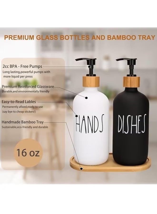 Soap Dispenser Set with bamboo tray, Glass Hand Soap Dispenser and Glass Dish Soap Dispenser, Kitchen Soap Dispenser Set Decor, Refillable Hand Soap and Dish Soap Dispenser for Bathroom and Kitchen, liquid soap glass bottle, Modern Farmhouse Decor - Image 3