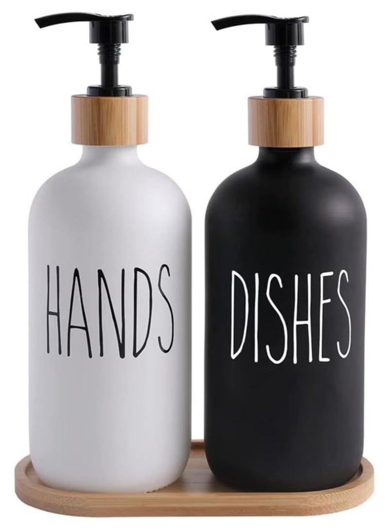 مجموعة موزع صابون زجاجي، موزع صابون الاطباق لحوض المطبخ، موزع صابون اليد للحمام مع مضخة وحامل خيزران ، زجاجة للصابون السائل لليد و غسيل الاطباق والصحون قابل لاعادة الملئ، زجاجة لصابون المواعين، ديكور منزل (لون اسود + ابيض) - Image 1