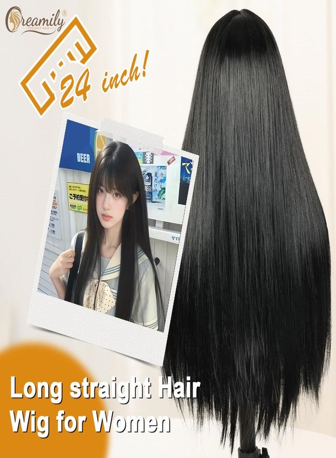 Creamily Long Straight Full Wig for Women Full Head,Black Korean Hair Big Wig for Woman Girls, Synthetic Women Hair Wigs with Bangs (Black, 22 Inches) - Image 5