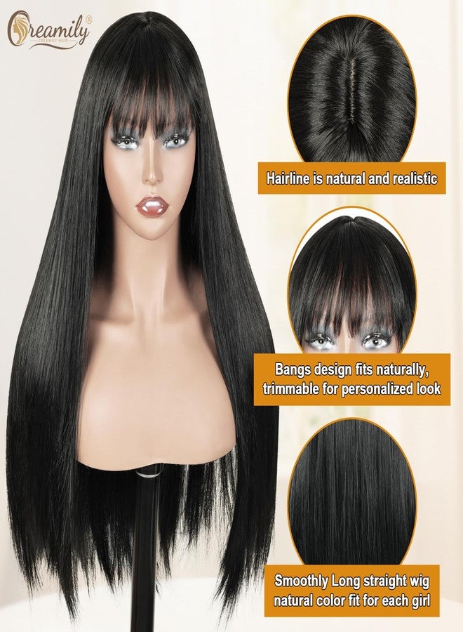 Creamily Long Straight Full Wig for Women Full Head,Black Korean Hair Big Wig for Woman Girls, Synthetic Women Hair Wigs with Bangs (Black, 22 Inches) - Image 4