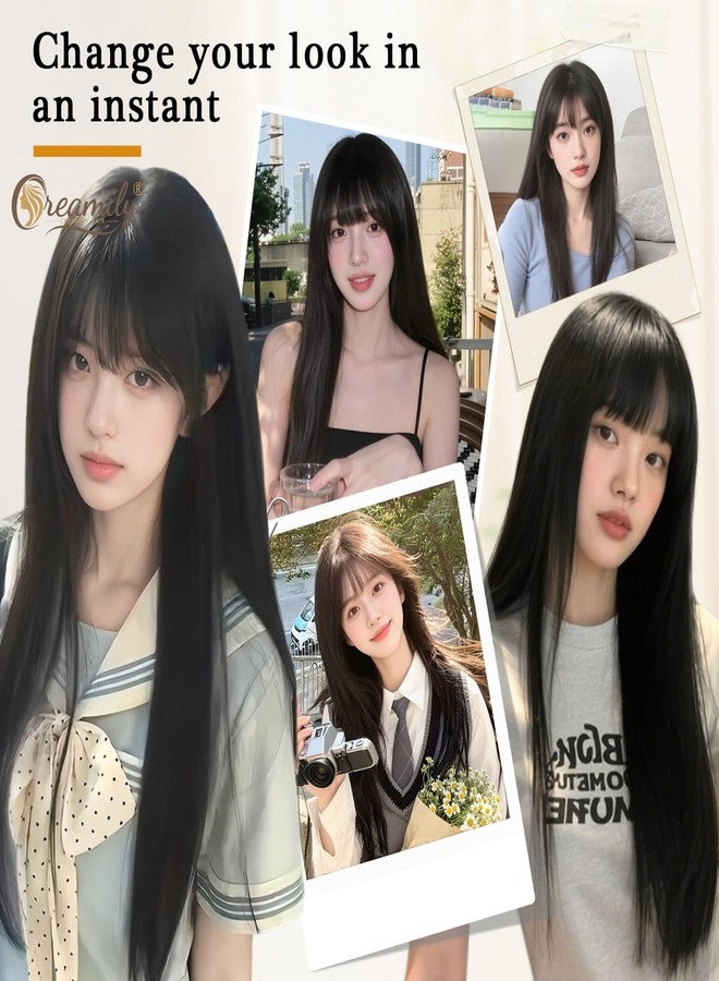 Creamily Long Straight Full Wig for Women Full Head,Black Korean Hair Big Wig for Woman Girls, Synthetic Women Hair Wigs with Bangs (Black, 22 Inches) - Image 3