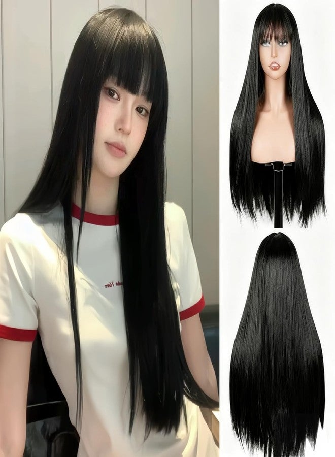 Creamily Long Straight Full Wig for Women Full Head,Black Korean Hair Big Wig for Woman Girls, Synthetic Women Hair Wigs with Bangs (Black, 22 Inches) - Image 1