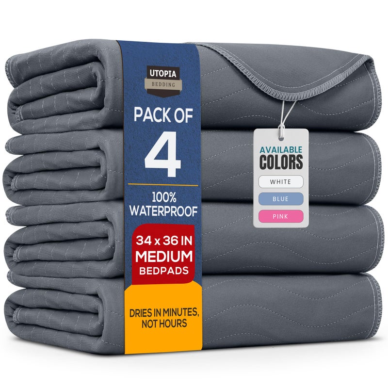 Utopia Bedding Washable Underpads 34" x 36" (Pack of 4), Waterproof Reusable Heavy Absorbency Incontinence Bed Pads for Adults, Kids, Elderly and Pets, Bedwetting Pads for Sofa and Couch (Grey) - Image 1