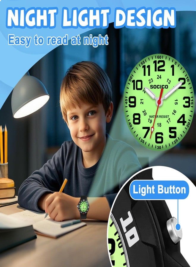 SOCICO Kids Analog Watch with Light for Boys Girls Waterproof Time Teaching Watch with Soft Band Learning Time Wrist Watch Easy to Read for Children Great Gifts, Black, classic and simple - Image 2